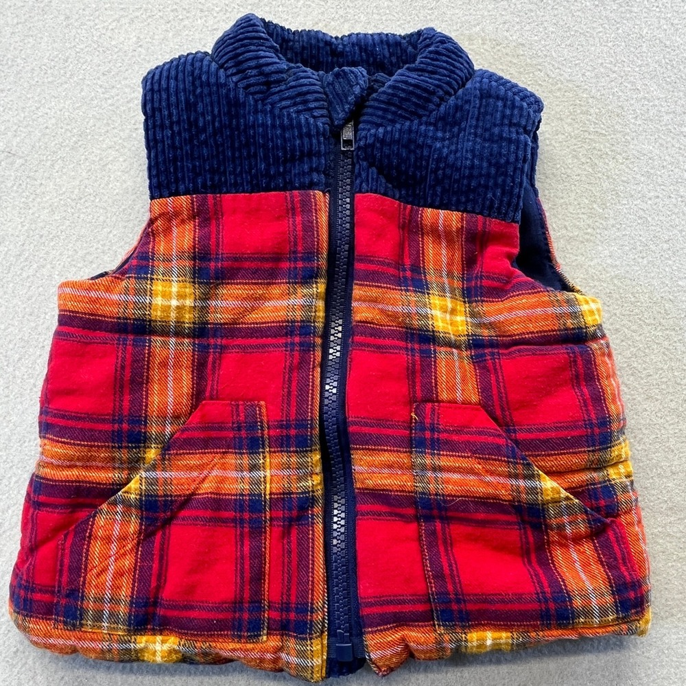 Tahari Kids Red Plaid Puffer Vest Navy Blue Corduroy Yoke 6-9M Holiday  Fall
